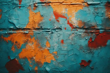 Wall Mural - an orange and blue painted wall with peeling paint