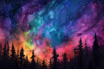 Wall Mural - A painting of a forest with a sky full of stars