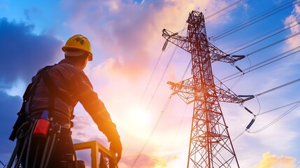 Silhouette of professional electrician with high voltage tower and sunset background.