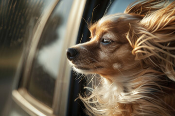 Wall Mural - A dog with long hair is sitting in a car window