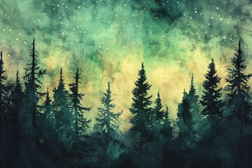 Wall Mural - A painting of a forest with trees and a starry sky
