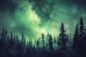 A forest with a green sky and stars