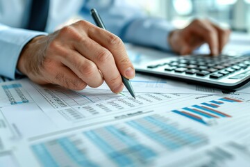 Close-up of a person's hand holding a pen and using a calculator, analyzing financial documents and charts in a business setting.