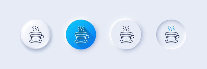 Wall Mural - Coffee and Tea line icon. Neumorphic, Blue gradient, 3d pin buttons. Hot drink sign. Fresh beverage symbol. Line icons. Neumorphic buttons with outline signs. Vector