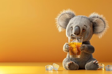 Wall Mural - A cartoon koala is sitting on a table with a glass of orange juice and ice cubes