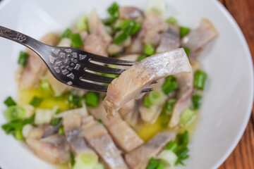 Wall Mural - Slice of pickled atlantic herring on fork above same herring