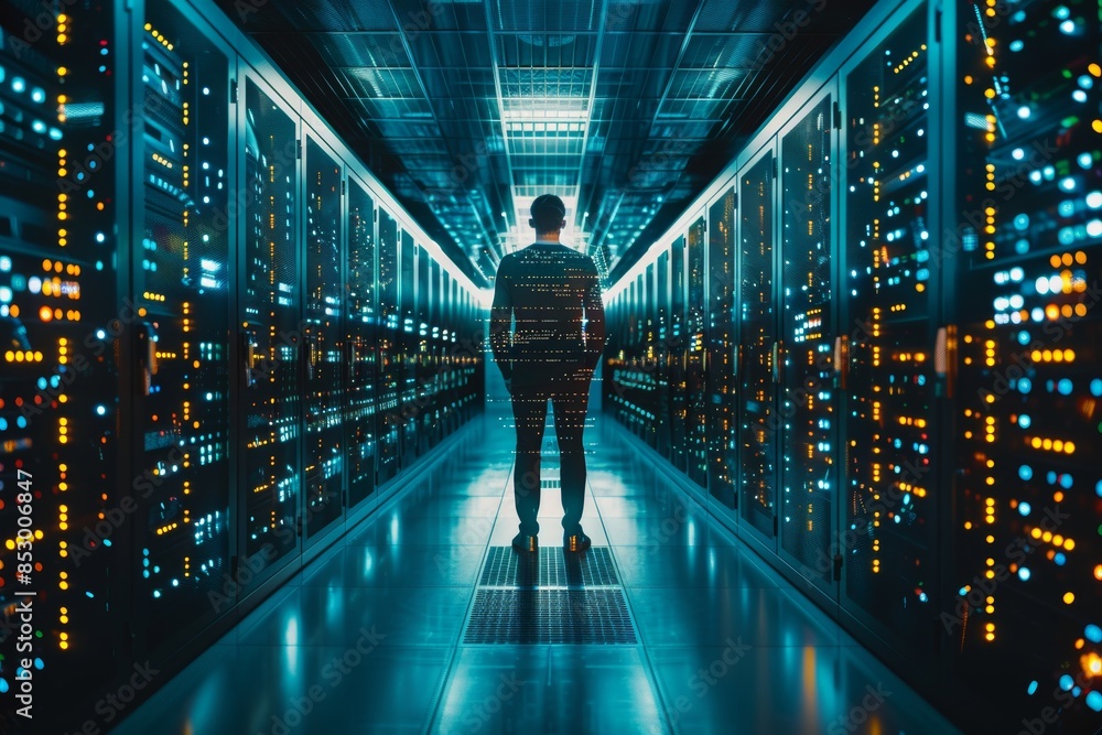 cloud computer engineer coding in server room in data... Computer engineer in server room with data center background, digital ...