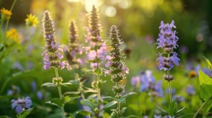 Sticker - Hyssop thriving in meadow and flowers garden Refreshing blooms in countryside garden