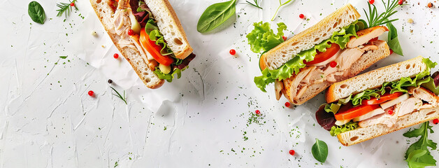 Wall Mural - wide food photo of vegetable club sandwich with salad in white background and blank space for text edits 