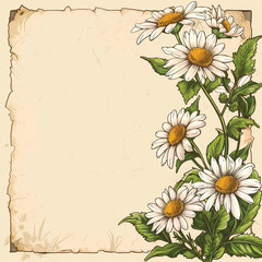 Wall Mural - Chamomile. Illustrations of daisy flowers and leaves for frame, border, vintage wedding invitations on craft paper, floral greeting card, flyer or template in elegant trendy style