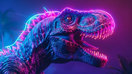 Neon Dinosaur in a Futuristic Jungle Landscape in Vibrant Colors