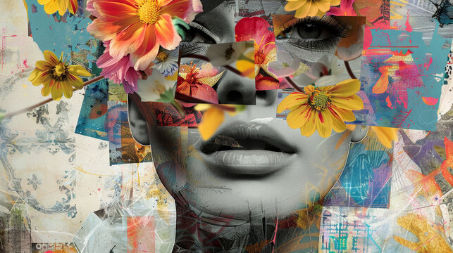 A woman's face is made up of flowers and leaves