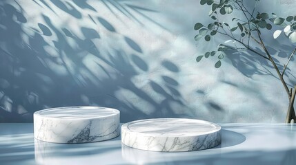 Wall Mural - Marble product display podium with shadow nature leaves on blue background. 3D rendering.
