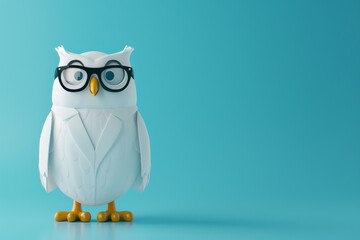 Wall Mural - A white owl wearing glasses stands on a background