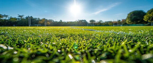 Wall Mural - A Football Field With Bright Green Grass Under Clear Skies Above