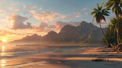 Poster - Tropical Sunset Beach with Mountains and Palm Trees.