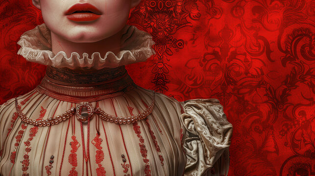 A girl in a Renaissance dress with a high collar and simple jewels, set against a textured red background with subtle patterns. , decorative red background, the girl in the center