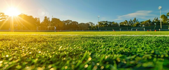 Wall Mural - A Football Field With Vibrant Green Grass, The Sun Shining Bright Overhead, Casting A Golden Glow Over The Spirited Play