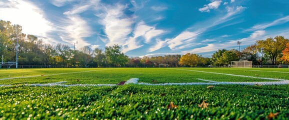 Wall Mural - A Football Field With Vibrant Green Grass, Where Kids Are Enthusiastically Practicing Their Skills