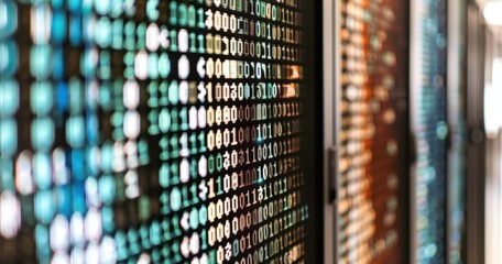 Abstract image of digital data flow with colorful coding symbols, representing concepts of technology, data analysis, and cybersecurity.
