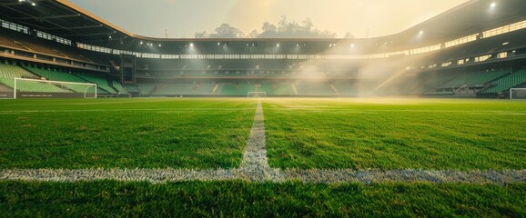 Wall Mural - A Football Stadium With Green Grass, Bathed In The Soft Light Of Early Morning, Promising A Day Of Spirited Competition