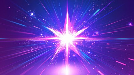 Wall Mural - bright purple energy burst with radiating light beams, depicting an abstract and futuristic design. 