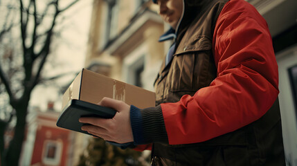 A delivery worker using a digital pad to confirm a package delivery.