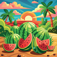 Poster - A watermelon is shown in a field with palm trees in the background. The watermelon is cut into slices and scattered around the field