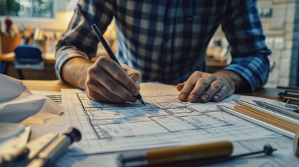 A person sketching architectural designs on a drawing board, with various drafting tools and blueprints