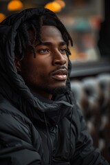 Man in black hoodie sitting in studio