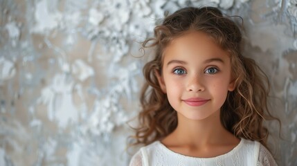 Cheerful Young Girl Smiling Brightly Against a Minimalistic White Background, Exuding Innocence and Joy