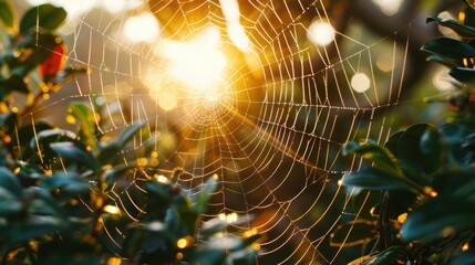 Gossamer web glimmers with morning's golden touch