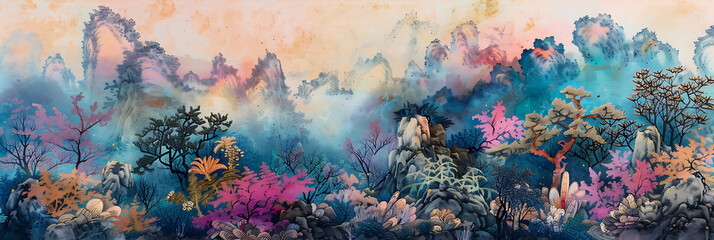 Wall Mural - Chinese style watercolor painting of valley and flowers , panorama wallpaper, the beauty of sensitive lines