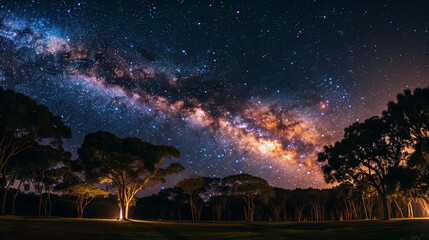 Wall Mural - Starry night sky with trees in foreground.