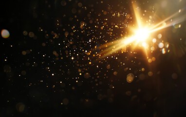 A closeup of the lens flare on black background, with a blurred star in the center