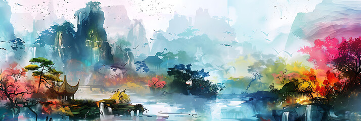 Chinese style watercolor painting of valley and flowers , panorama wallpaper, the beauty of sensitive lines