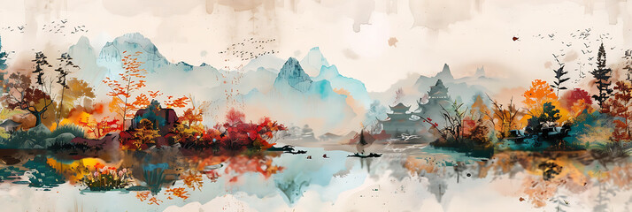 Wall Mural - Chinese style watercolor painting of valley and flowers , panorama wallpaper, the beauty of sensitive lines