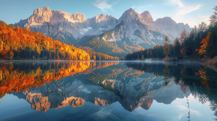  Majestic mountains and vibrant autumn trees reflect perfectly on the serene, crystal-clear lake below.