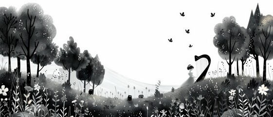 Black and white whimsical forest illustration, featuring trees, flowers, a person with a hat, and birds. Perfect for storytelling concepts.