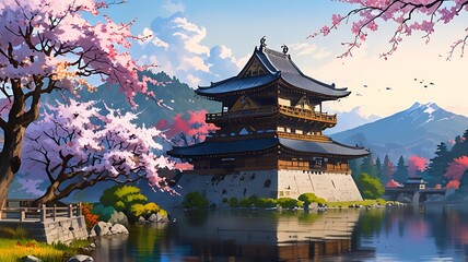 Winter castle nature landscape background in Japanese anime watercolor painting illustration style. Landscape illustration of Mount Fuji and Cherry Trees,