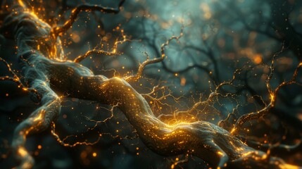 Wall Mural - Glowing, organic lines intertwine and branch out, resembling a network of glowing vines in a dark forest.