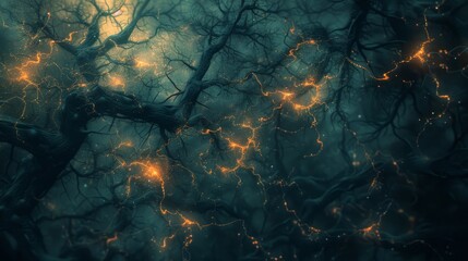 Glowing, organic lines intertwine and branch out, resembling a network of glowing vines in a dark forest.