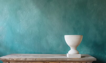 Wall Mural - A matte ceramic bowl on a wooden table, with a muted teal backdrop