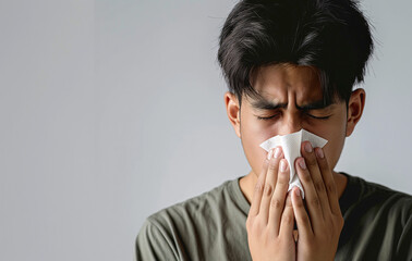 Young man blowing his nose with a tissue, showing symptoms of a cold