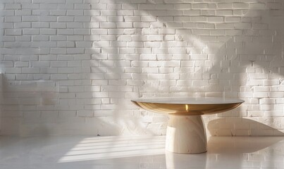 Wall Mural - A polished brass pedestal on a glossy white table against a minimalist white brick wall backdrop