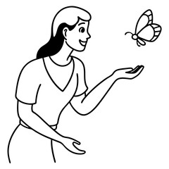 A young girl catches a butterfly vector illustration and line art
