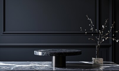 Wall Mural - A sleek black metal pedestal on a marble-patterned table against a dark navy backdrop