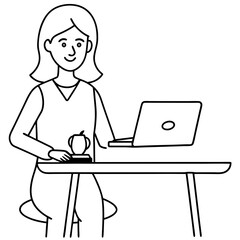 A young lady   laptop  mouser vector illustration line art