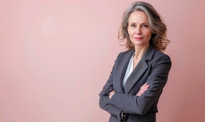 Wall Mural - Corporate portrait of a middle-aged woman in a charcoal gray suit against a soft pastel backdrop