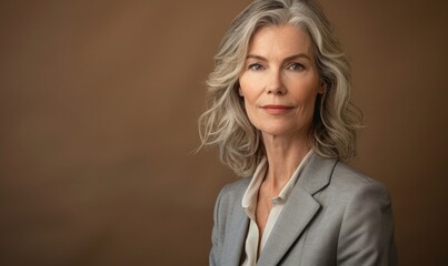 Wall Mural - Corporate portrait of a middle-aged woman in a charcoal gray suit against a soft neutral backdrop